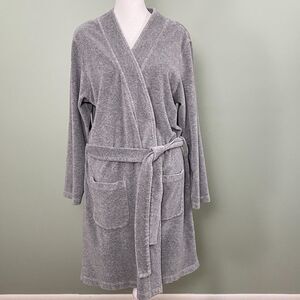 LL Bean Terry Cloth Robe Mid Length Cotton Belted Womens Small Gray Vintage